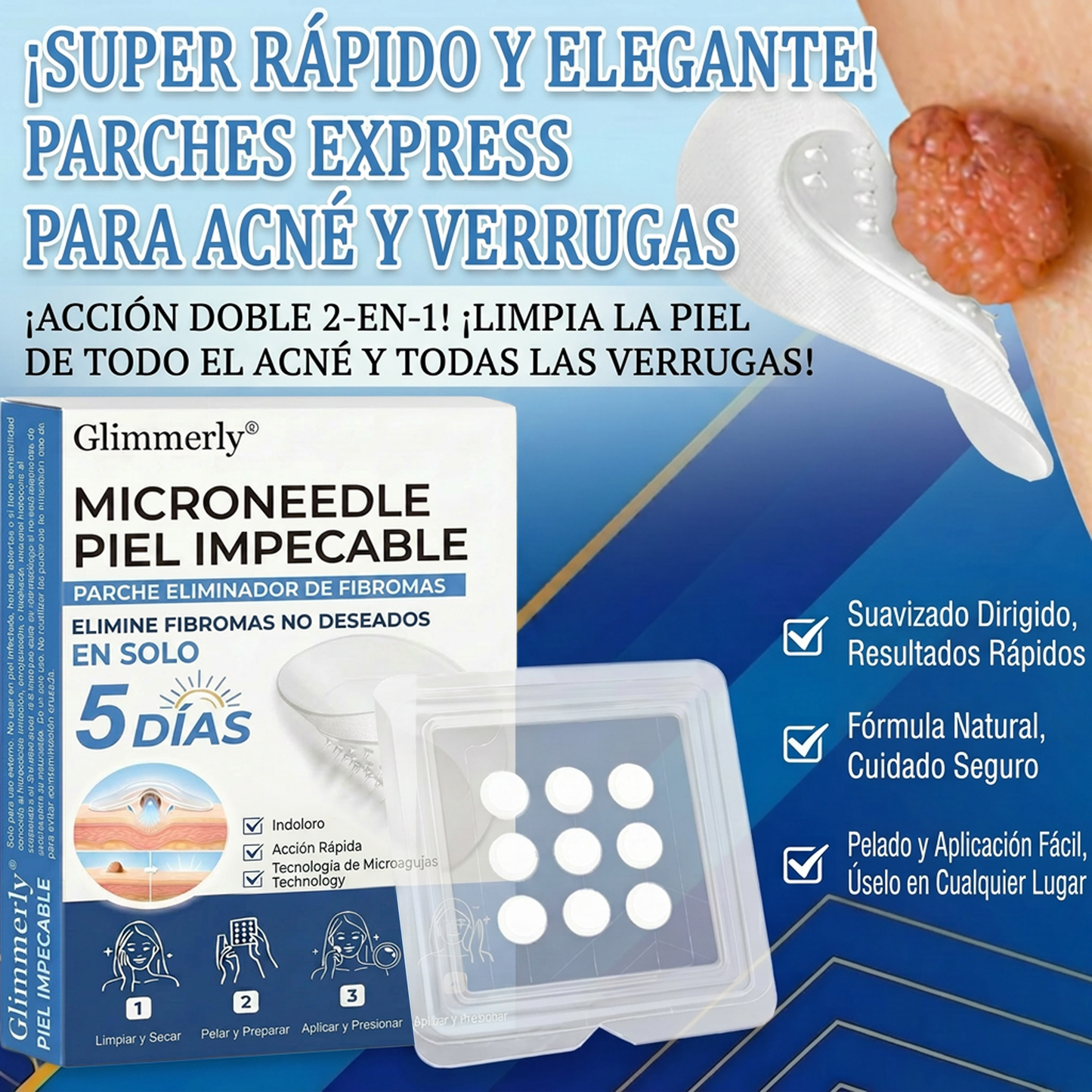 👩‍⚕️ Glimmerly® Parche 2 en 1 de microagujas e hidrocoloide | Eliminador de lunares en relieve, acné, verrugas planas y acrocordones | Mejora arrugas, cicatrices e imperfecciones | Parches invisibles para granos (rostro y cuerpo) | 144 unidades 🎁