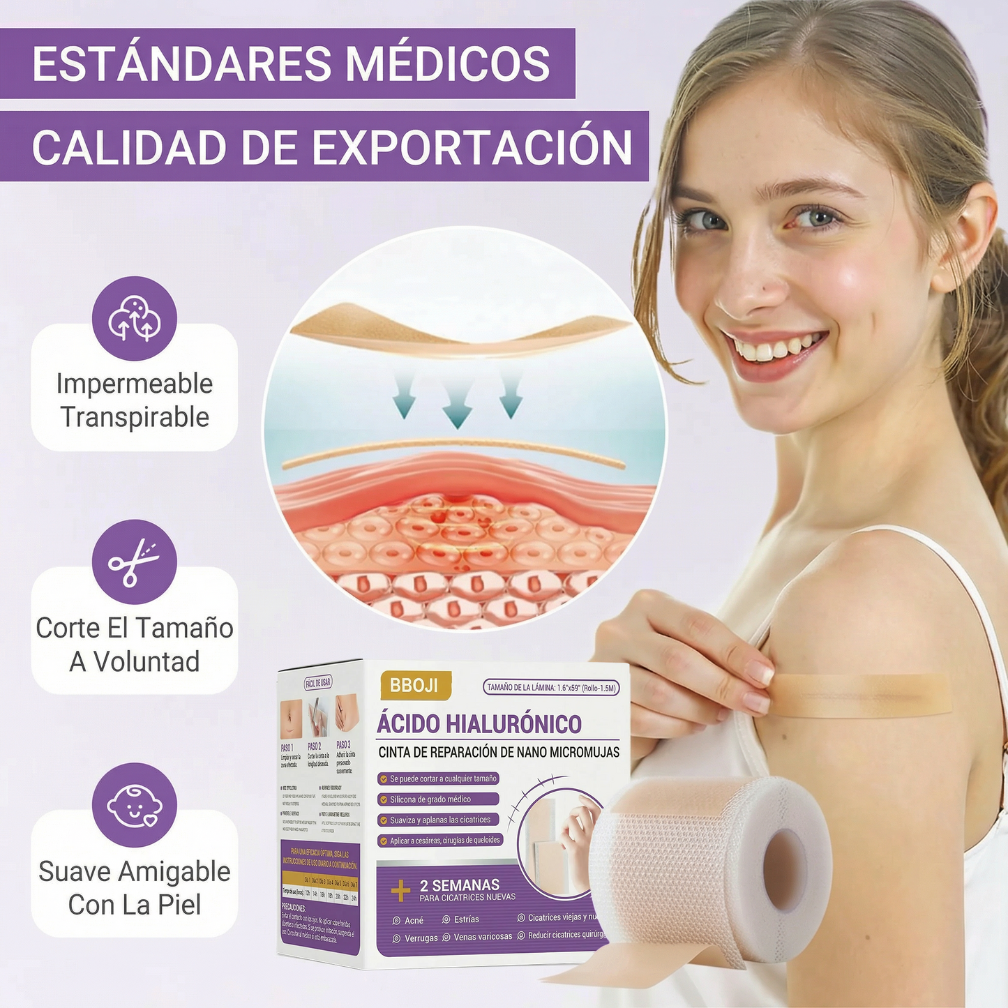 ✅Tienda oficial |BBOJI®ÁCIDO HIALURÓNICO CINTA DE REPARACIÓN DE NANO MICROMUJAS 🏥(Tratamiento de cicatrices antiguas y recientes, reducción de cicatrices quirúrgicas, estrías, queloides, acné, quemaduras, verrugas, dermatomas y varices)