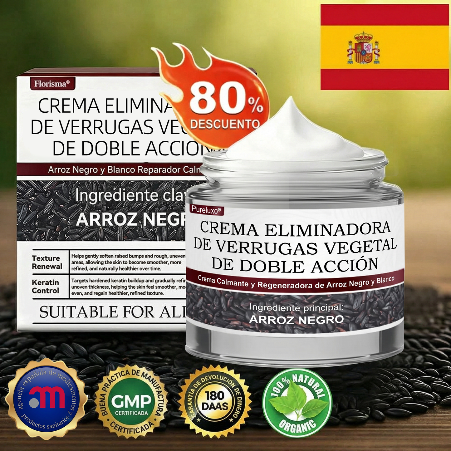 Pureluxo® CremaBlancoCalmante y Regeneradora de Arroz NegroY  (Para el tratamiento de verrugas, crecimientos cutáneos, imperfecciones e hiperpigmentación)